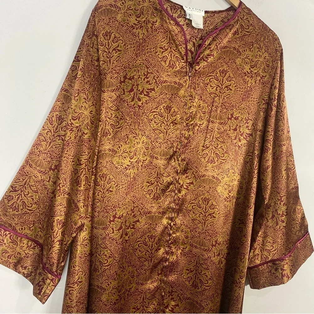 Vintage Natori Satin Paisley Printed 3/4 Sleeve Zip Front Kaftan Robe